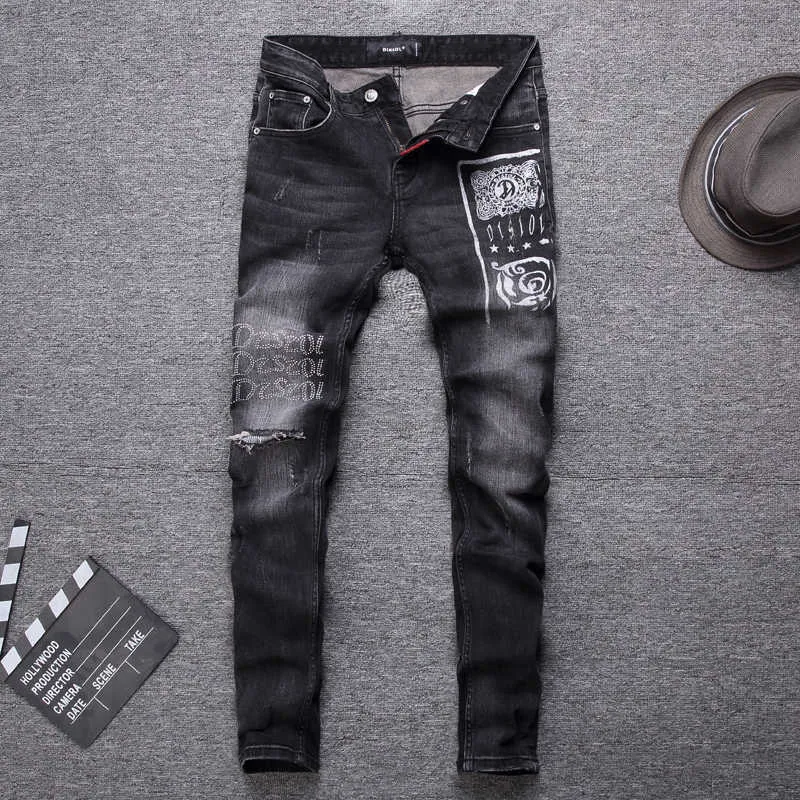 American Streetwear Fashion Men Jeans Retro Black Gray Slim Fit Ripped for Printed Designer Hip Hop Denim Punk Pants