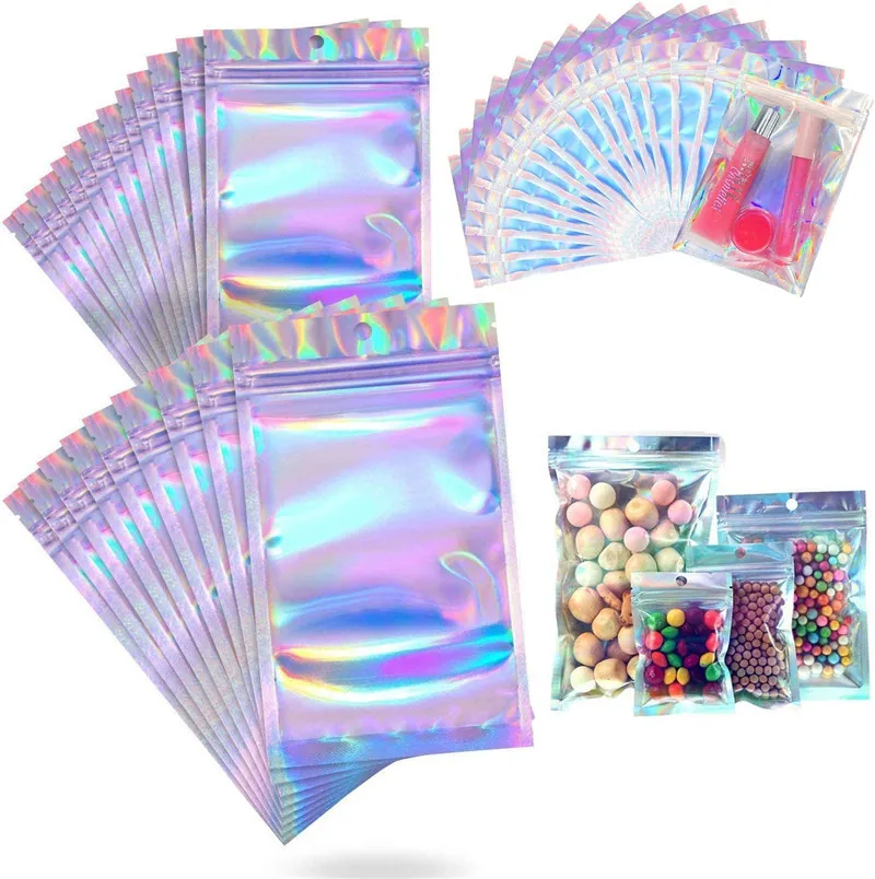 Plastic Aluminum Foil Bag Holographic Smell Proof Bags Reclosable Zipper Pouch Storage Package with Hanging Hole