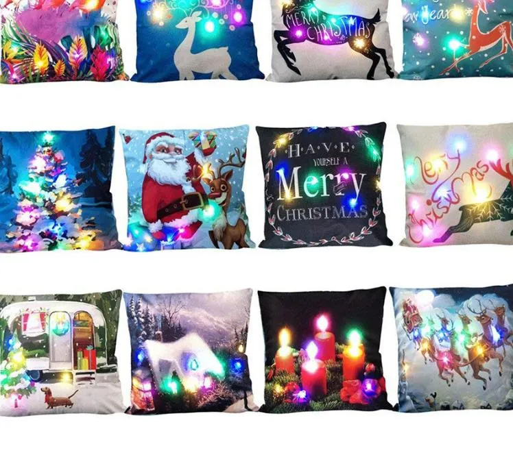 Christmas LED travesseiro caixa quadrado sofá carro almofada de almofada luz decorativa almofadas capa macia 45 * 45cm