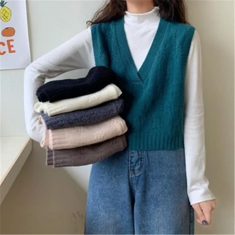 Kvinnors västar Kvinnor Tröjor Höst Vinter 2021 Koreansk stil Casual V Neck Kort Strikkad Sweater Vest Ärmlös Pullover Waistcoat Tops