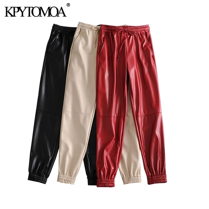 KPYTOMOA Women Fashion Side Pockets Faux Leather Jogging Pants Vintage High Elastic Waist Drawstring Female Ankle Trousers Mujer 211118