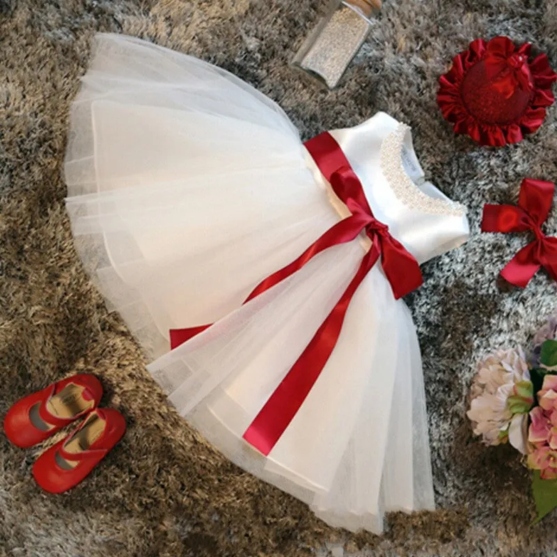 Vestido blanco para ni a ropa de bautismo 1 a o vestido de cumplea os para ni a princesa cinta roja lazo Navidad vestidos infantiles para