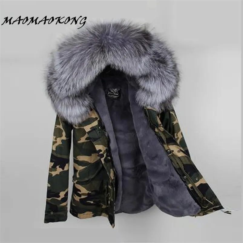 Women Winter Camo Parkas Large Raccoon Fur Collar Hooded Coat Outwear 2 in 1 Detachable Lining Winter Jacket Brand Style 210819