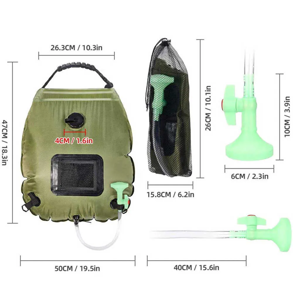 20L sacos de água ao ar livre camping solar saco de chuveiro dobrável acampamento chuveiro caminhada escalada saco de banho saco comutável chuveiro cabeça y0721