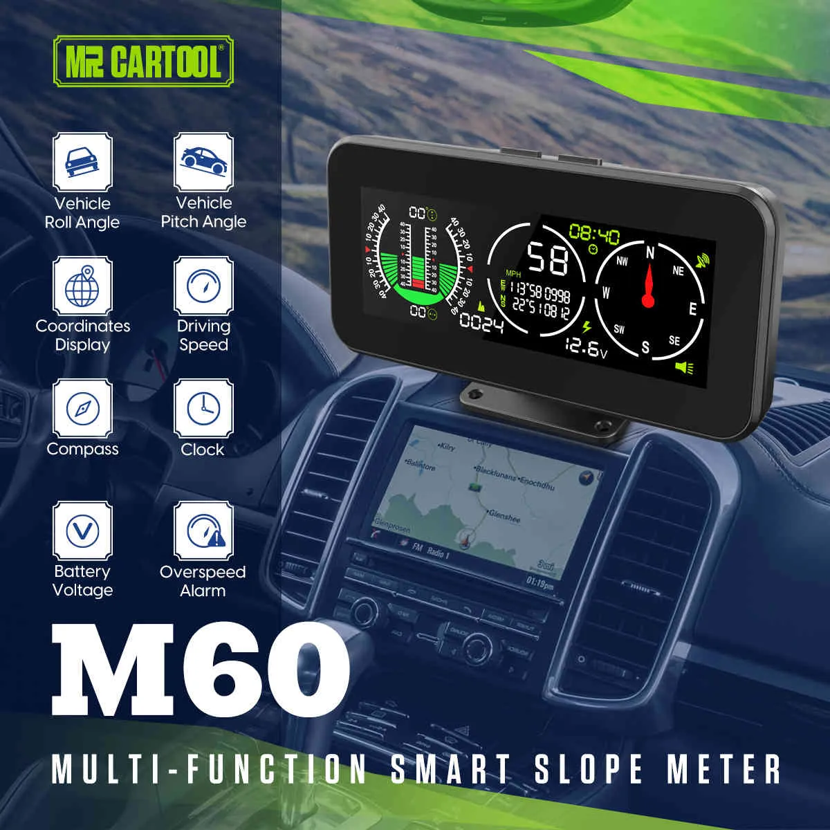 MR Cartool M60 Car Compaß Neigungsmesser Tachometer GPS