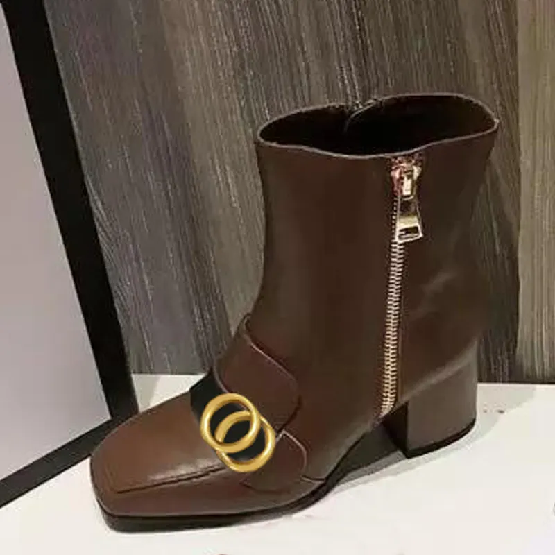 Frühlings-Herbst-Kurzstiefel aus 100 % Rindsleder, Gürtelschnalle, Metallreißverschluss, Damenschuhe, klassisch, dicke Absätze, Leder-Designer, hochhackige Mode, Perlen-Damenstiefel, Größe 35–42, mit Box