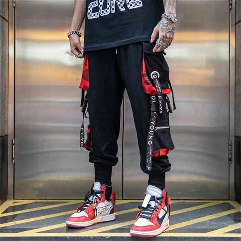 Hommes Hip Hop Noir Pantalon Cargo joggers Pantalons de survêtement Salopette Rubans Streetwear Harem Fashions Pantalon 210715