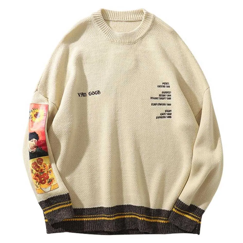 Hip hop fashion tröja pullover män van gogh målning broderi stickad tröja harajuku manliga streetwear toppar casual pulloverp0805