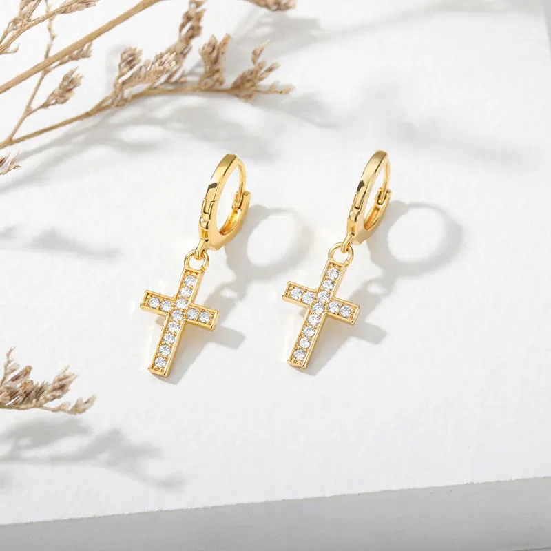 Hoop & Huggie Zirconia Cross Earrings Women Gold Plated Kpop Dainty Dangle Chic Bijoux Femme Sweet Earring Copper Hypoallergenic Jewelry