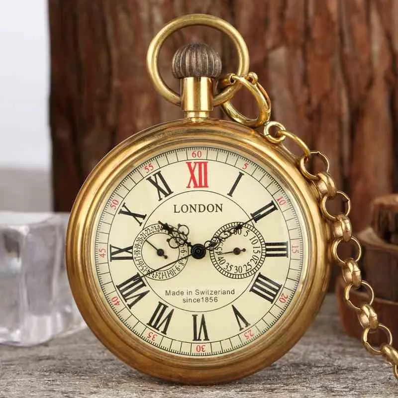 Antieke koper Londen 1856's 5 handen mechanische zak fob horloges hand winding skeleton heren horloge 30 cm ketting
