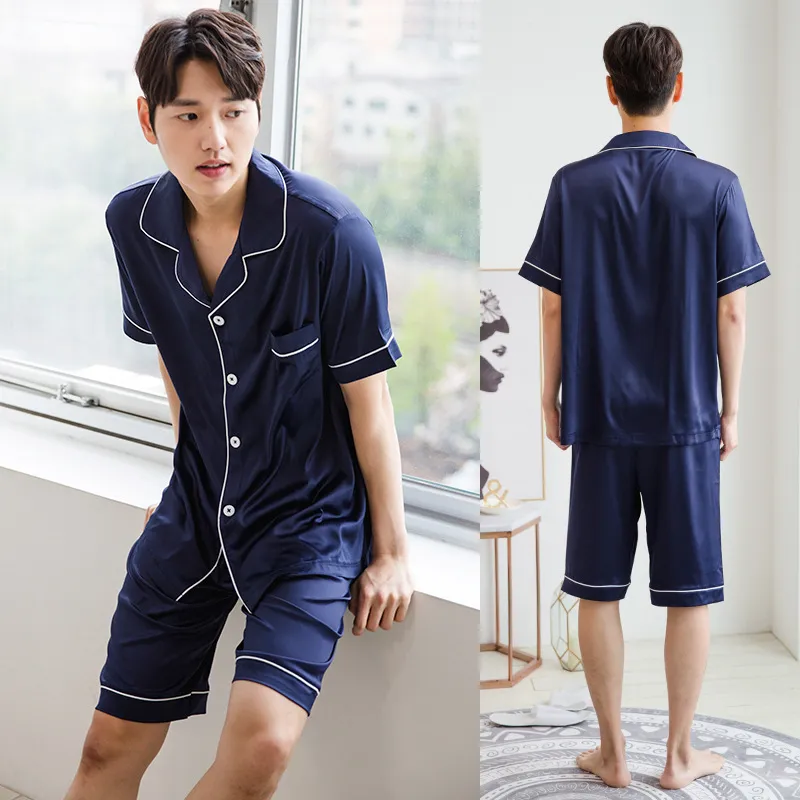 Turn Down Collar Men Pajama Sets Shorts Sleepwear Men Suit Solid