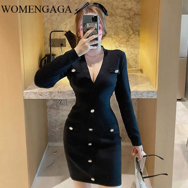 Womengaga Jesień I Zima Sexy V Neck Duże Piersi Hip Sól Słodki Hepburn Z Długim Rękawem Dzianiny Mini Dres GUQ6 210603