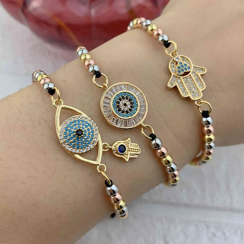 Adjustable Woven Cuff Bracelet Women Hamsa Evil Eye Charm Hand Metal Beads Braided Rope Bracelets Jewelry
