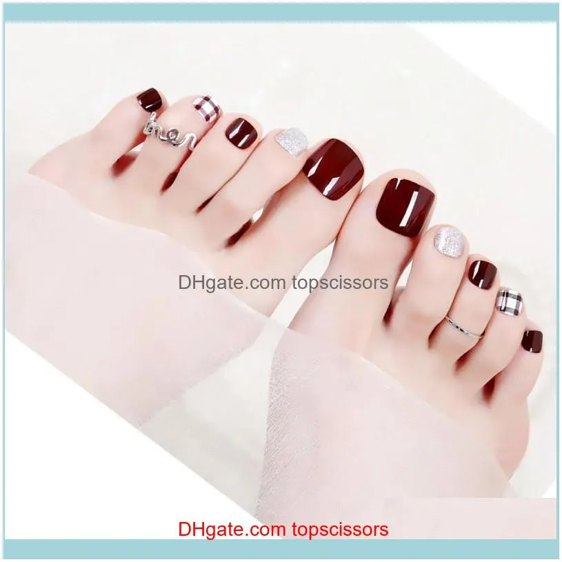 Finished toenails fake nail piece popular wine red grid short white solid nail piece J02-08