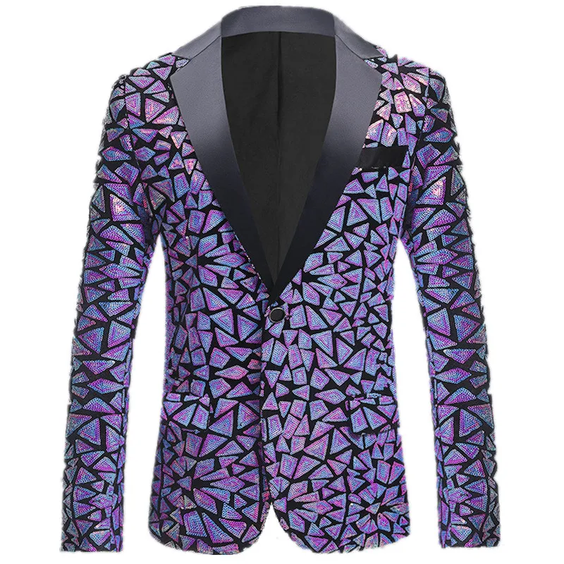 Plus Size Glitter Sequin Blazer Laser Mirrors Tuxedo Men Singer Host Chorus Shiny One Button Suit Jacket Bar Nightclub Performance Male Star Concert Slim Coat