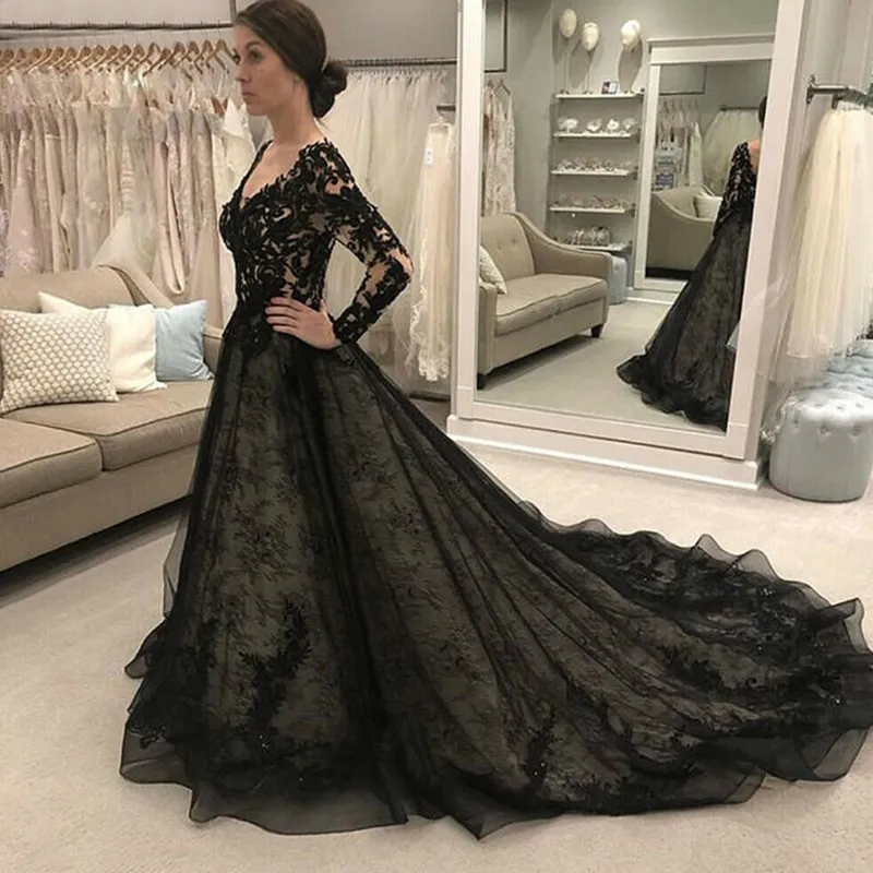 2020 Gothic Black Black Lace Wedding Dress With Long Sleeves V