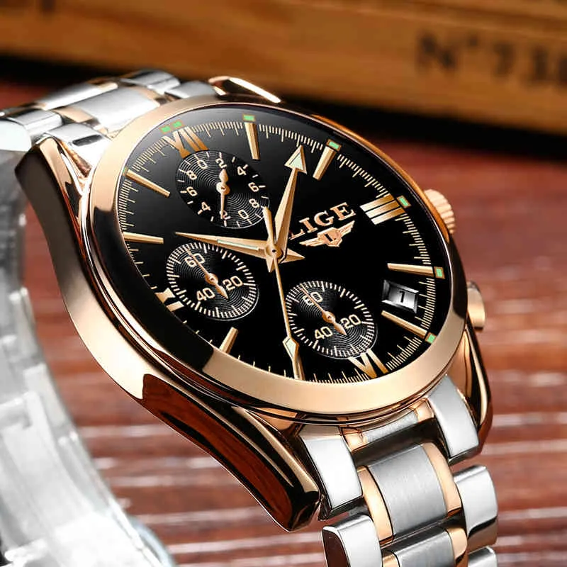 Relogio Masculino Lige Men Top Luxury Brand Militär Sport Klocka Mäns Kvarts Klocka Man Full Stål Casual Business Gold Watch Q0524