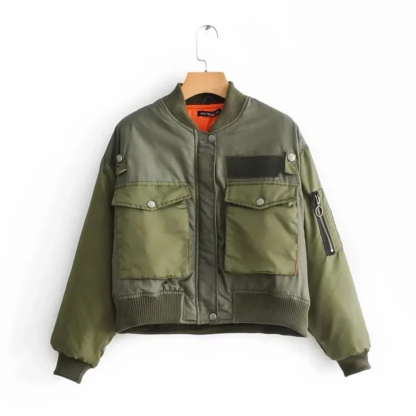 Autunno Bomber Giacca Donna Army Green Warm Tasche con cerniera Cappotto invernale Donna Parka Femme Chaqueta Mujer 211014