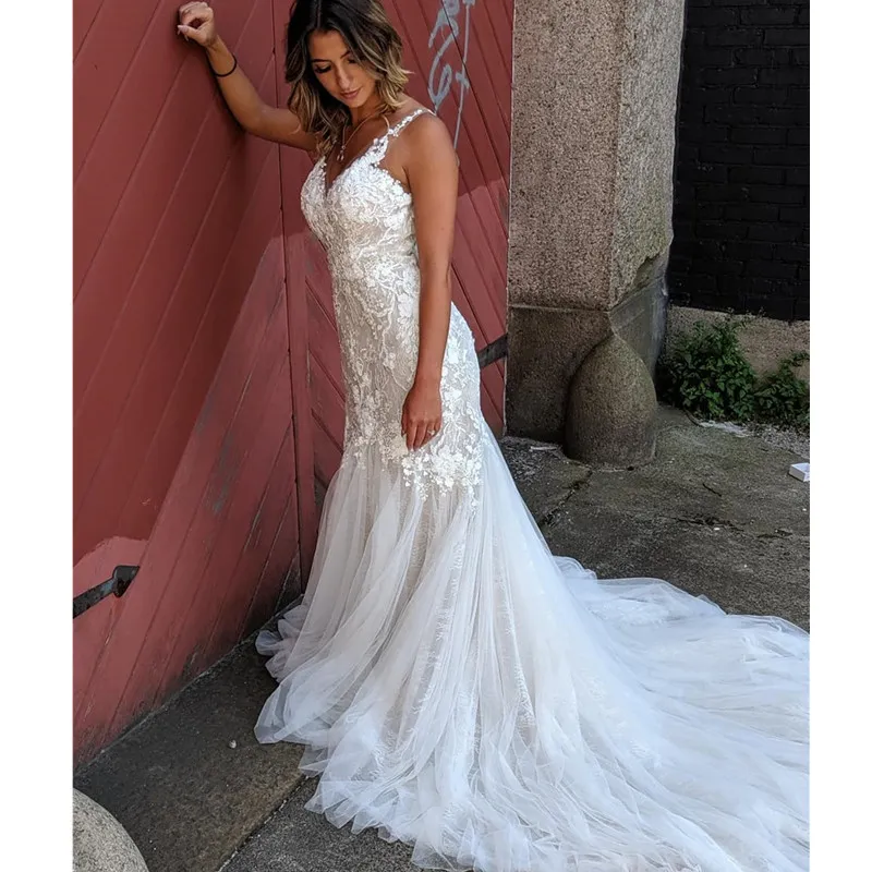 Lus Size Abiti da sposa Sexy scollo a V senza schienale senza maniche Beach Abiti da sposa Abito a sirena con applicazioni in pizzo Abiti da Noiva 328 328