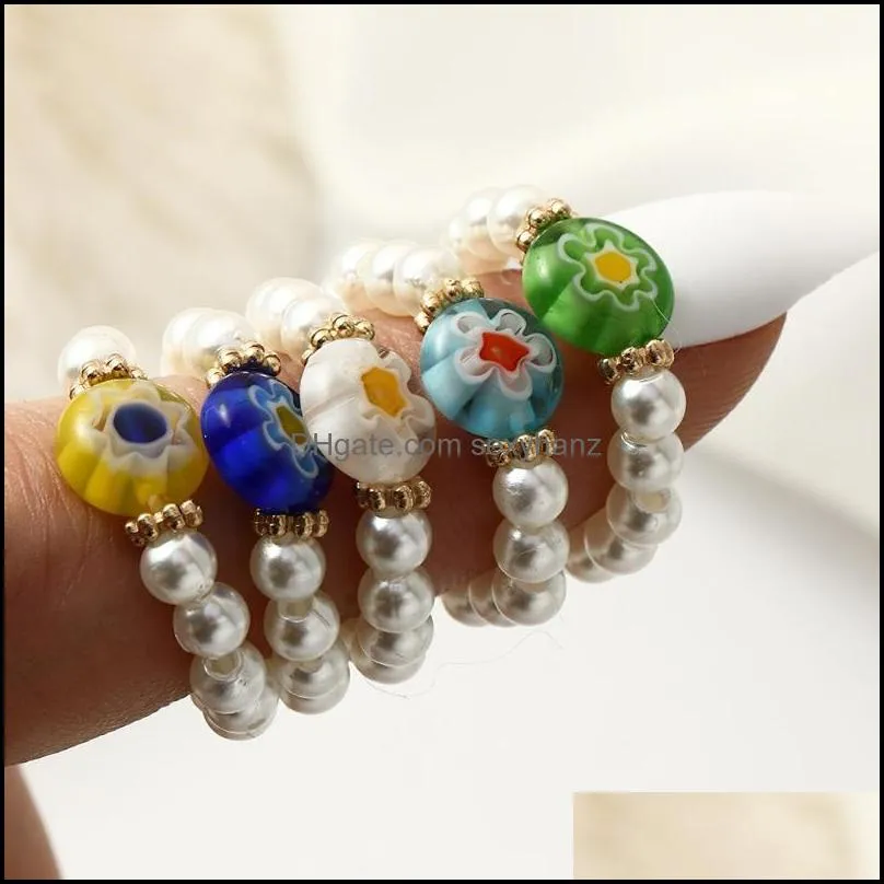 Wedding Rings Personalized Adjustable Beaded Pearl Ring Colorful Glass Bead Flower Jewelry Accessories For Female Gifts 5 Pieces