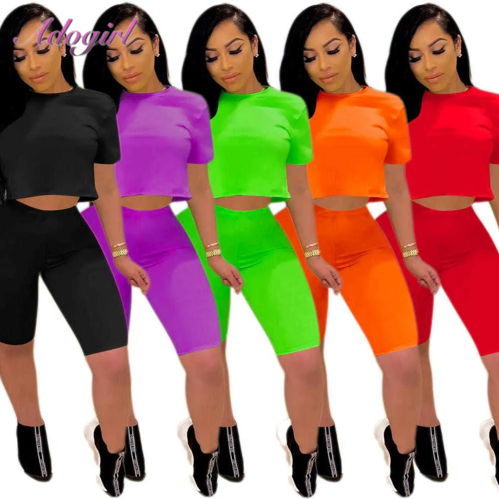 Tuta da donna Summer T Set a due pezzi Casual Neon manica corta Crop Top T-Shirt Biker Pants Suit Set Outfit Sportwear Joggers Y0702