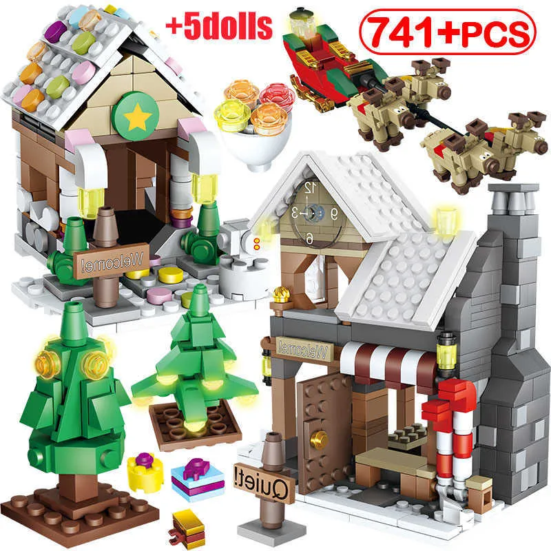 741pcs Creator Santa Claus Winter Village Houes Christmas Tree Snowman Building Blocks City Friends DIY Bricks Toys for Girls X0902