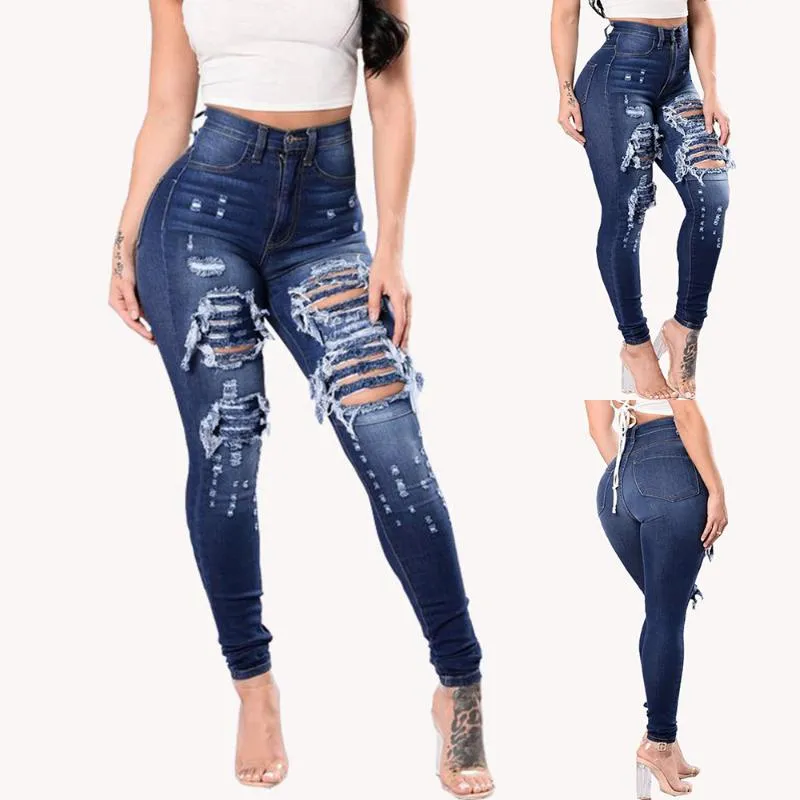 Cintura Alta Mulheres Slim Buraco Rasgado Jeans Jeans Casuais Estiramento  Skinny Calças Jeans Calças Regulares Pantalones Rotos Mujer # T1g De  $183,59