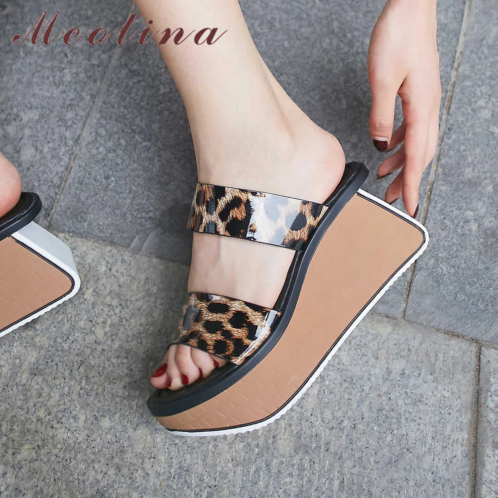 Meotina Kvinnor Skor Sommarglas Naturligt Ko Läder Platform Wedges High Heel Shoes Leopard Open Toe Toippers Lady Sandals 39 210608