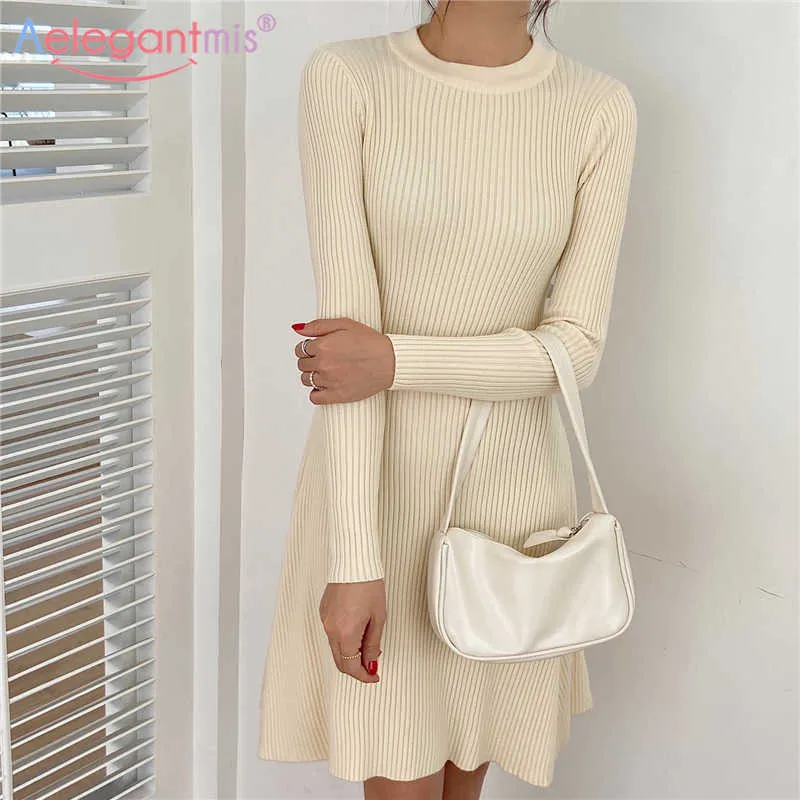 Aelegantmis Hohe Qualität Slim Weiche Frauen Gerippte Pullover Kleid Elegante Einfache Klassische Weibliche Gestrickte O Neck Vestidos Chic 210607