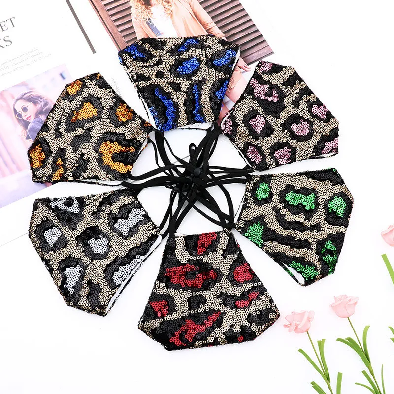 Leopar Sequins Maskeleri Moda Glitter Tasarımcı Maske Ile Filtre Cep Ayarlanabilir Kulak Döngüler Nefes Kumaş Ağız Kapak