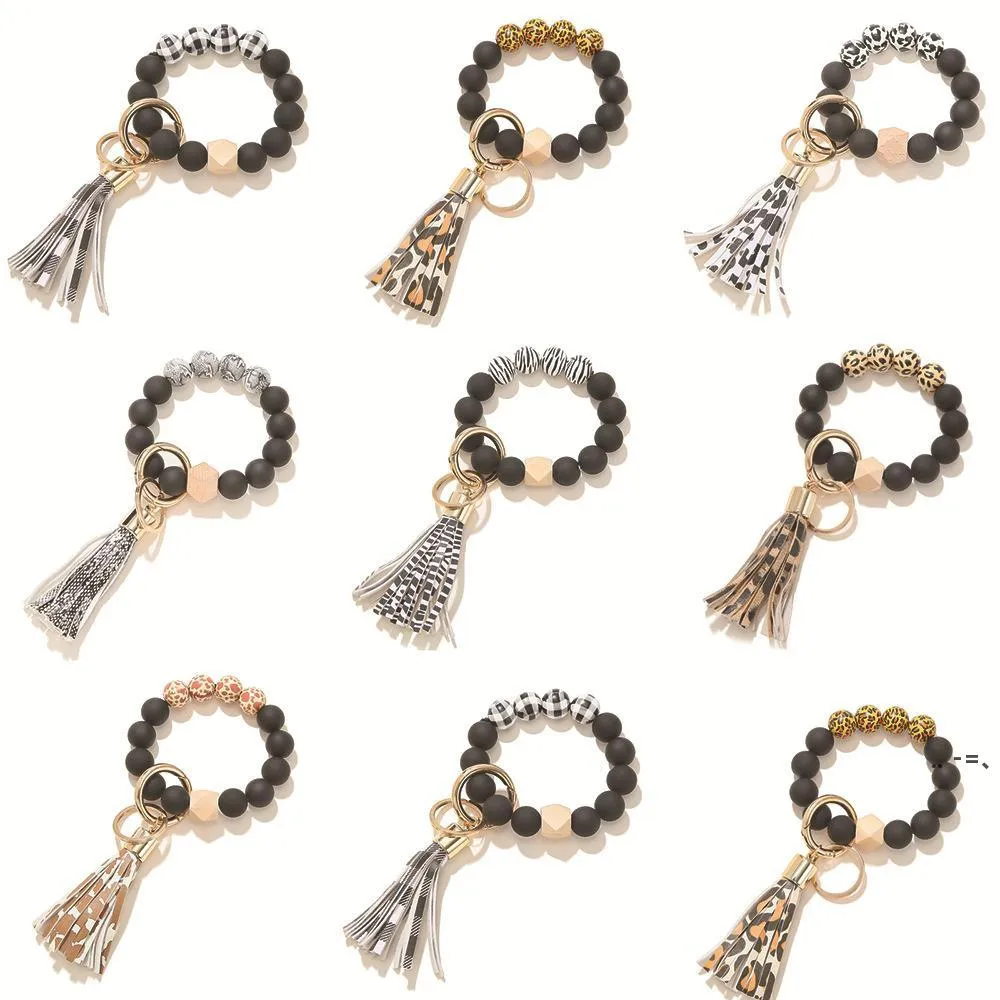 NEWKeychain Tassel Bead String Chain Party Favor Black And White Leopard Bracelets Abrazine Beads Bracelet Key Ring Wrist Strap EWB7787