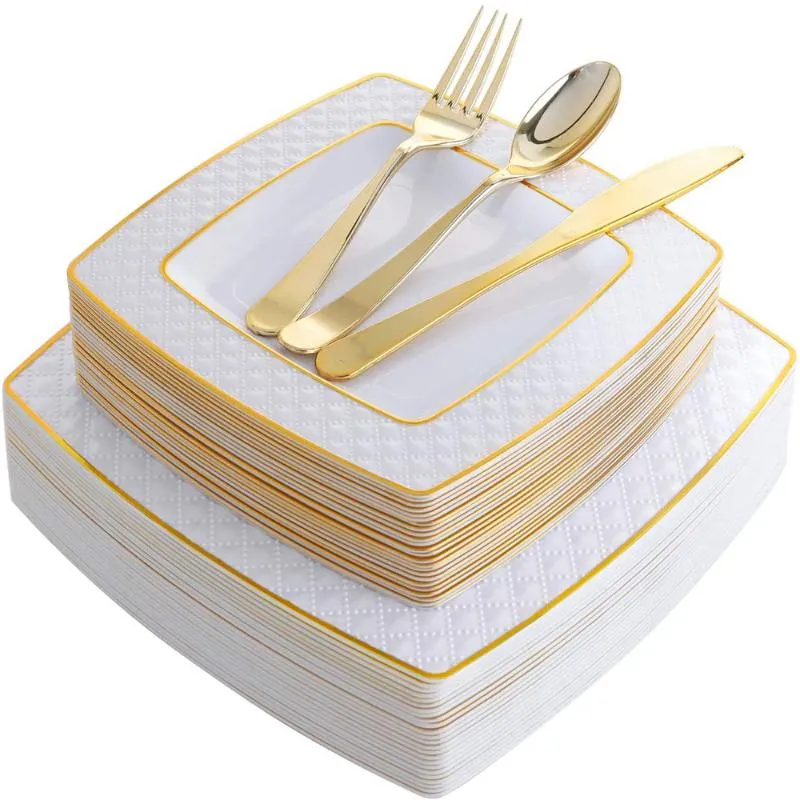 أدوات المائدة المتاحة 50 أدوات المائدة الطاولة الذهبية الذهب مربع لوحة عشاء البلاستيك مع الأدوات الفضية