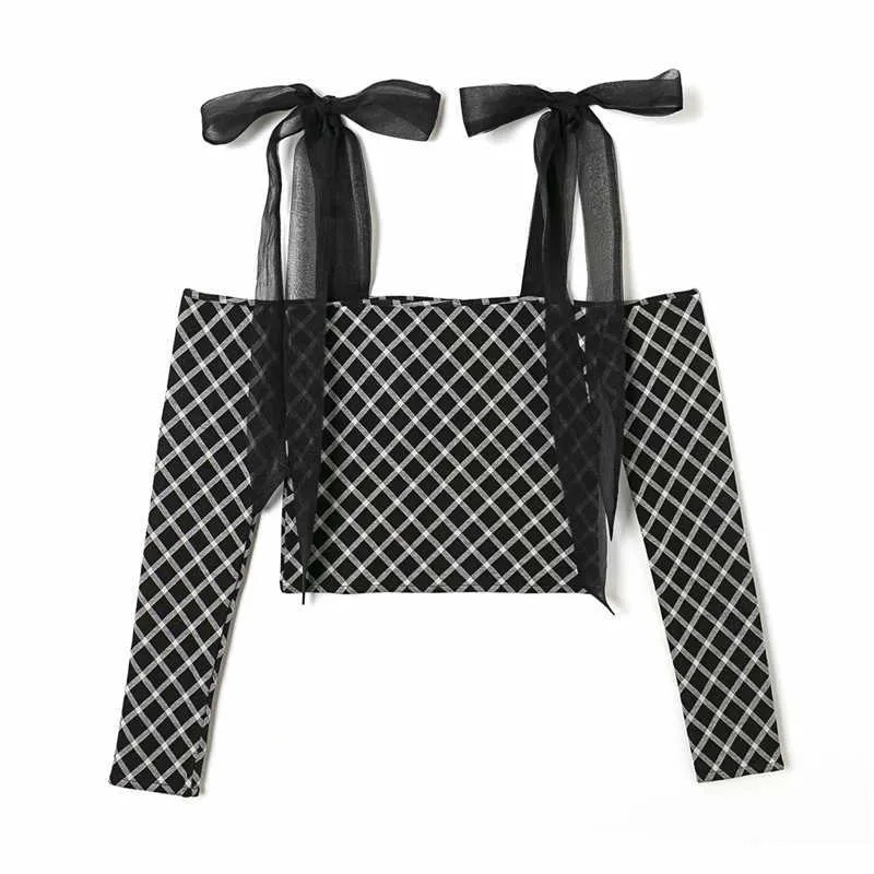 Sexy femmes Chic Plaid tricoté chemises mode dames maille nœud sangle hauts doux femme Streetwear Slash cou Blouses 210527