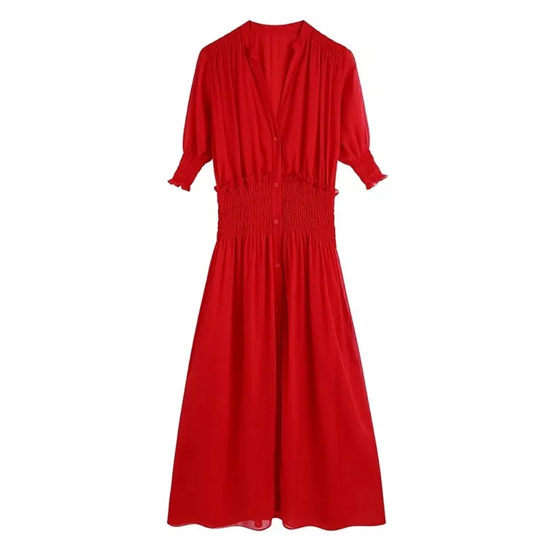 Za Red Chiffon Summer Dress女性短い弾性ウエストビンテージMidi ES女性ボタンアップライニングパーティー210531