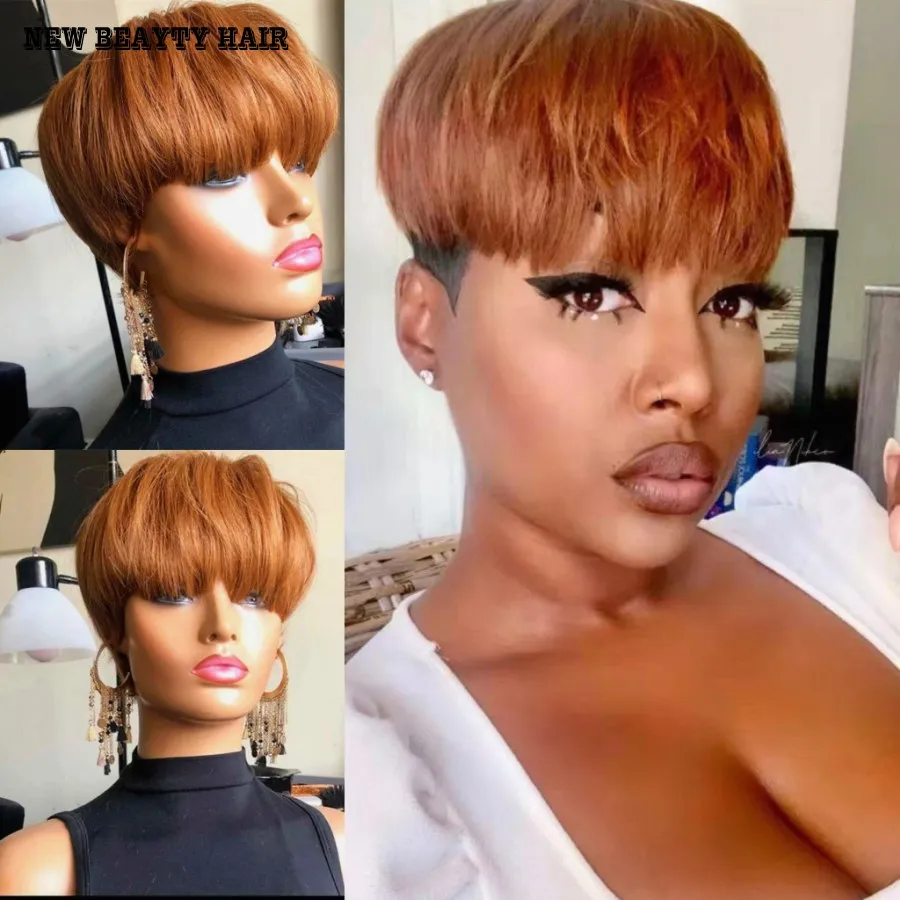 Short Cut Straight Hair Wig Peruvian Remy Human Hair Full Wigs For Black Women Brown black Color With Bangs
