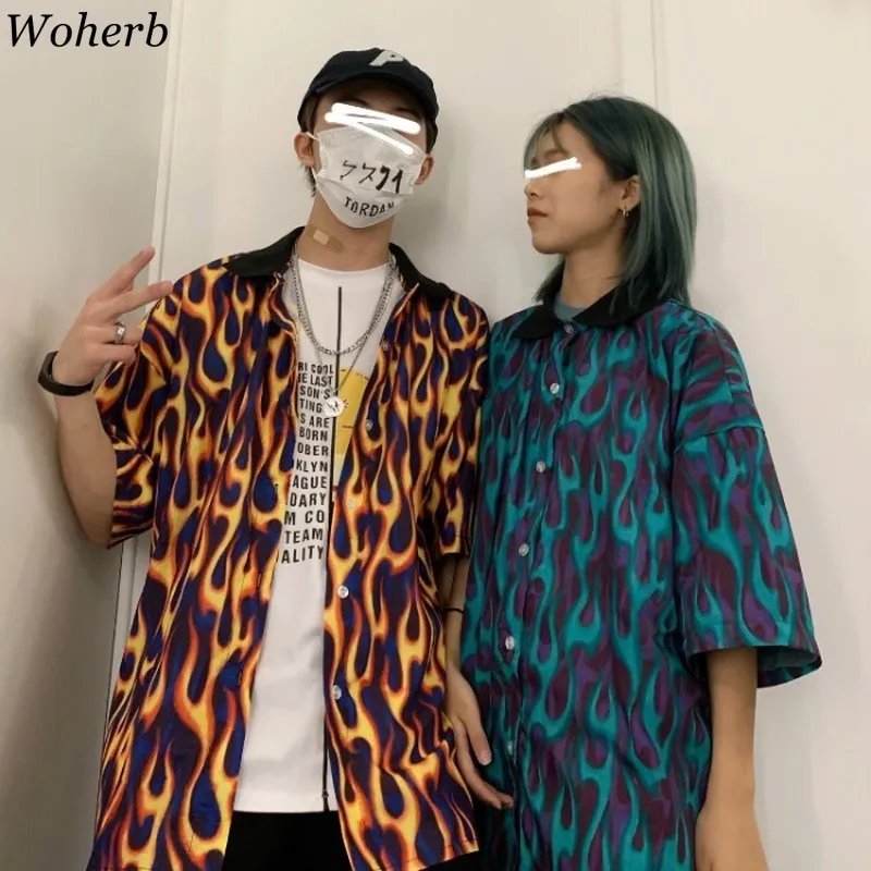 Woherb Streetwear 불꽃 인쇄 여성 남성 블라우스 셔츠 여름 짧은 소매 칼라 히트 컬러 컬러 느슨한 Harajuku Blusas 210225