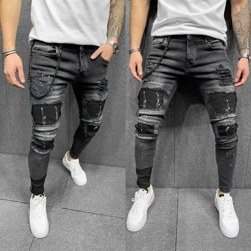 Fashion Patchwork Jeans Men Ripped Skinny stretch High Quality Biker Denim Pencil Pants Slim Hip-hop Trousers Clothing 2021 Y0927