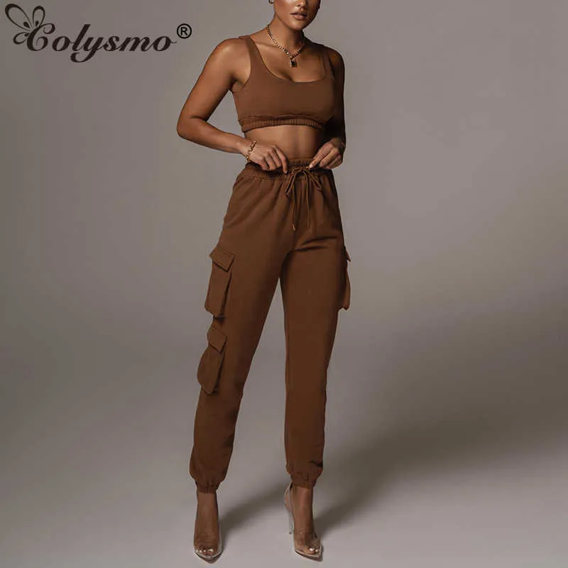 Colysmo Two Piece Outfits 2 Layers Crop Top Drawstring Lace up Pocket Elastic Waist Sweatpants Loungewear Women Chic Casual Suit 210527