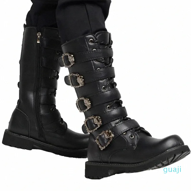 Combat-boots Mens Lace Up Westerm Boots Buckles Motorcycle Boot Streetwear Zapatos De Hombre