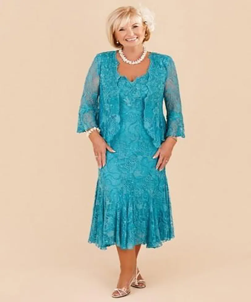 Nouveau élégant Turquoise grande taille mère de la mariée robes en dentelle 2022 thé longueur robes de soirée de mariage avec veste à manches longues