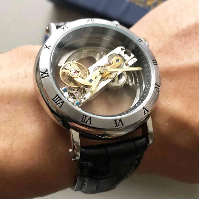 Forsining 2021 дизайн прозрачный случай коричневый кожаный ремешок мужская верхняя марки роскошный автоматический скелет наручные часы