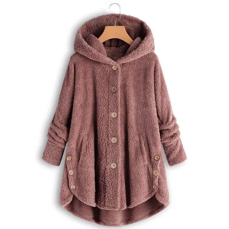 40 # abrigos mujeres más tamaño botón tops de felpa con capucha abrigo de  lana suelta invierno chaqueta de dama mantener bolsillos calientes  chaqueton