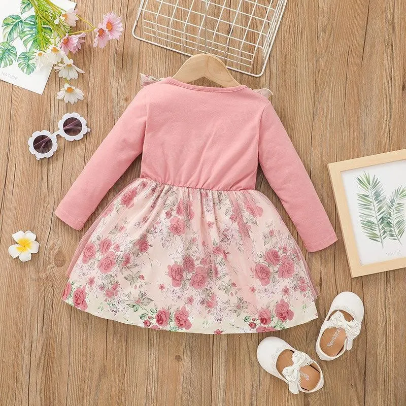 Girls Rose Flower Print Tulle Dress Fall 2021 Kids Boutique Clothing Korean 1-5T Children Long Sleeves Cotton Dresses