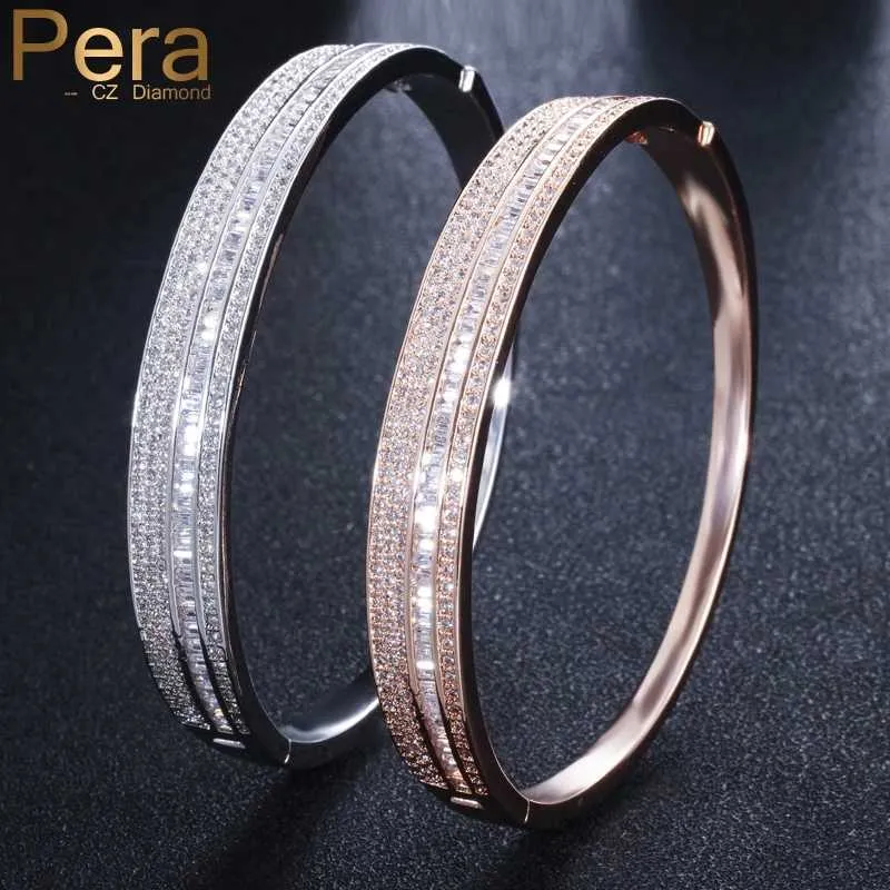 Pera High Quality Big Baguette Square Shape Full Sparkling Aaa + Cubic Zirconia Charm Bangle for Women Jewelry Accessories Z001 Q0720