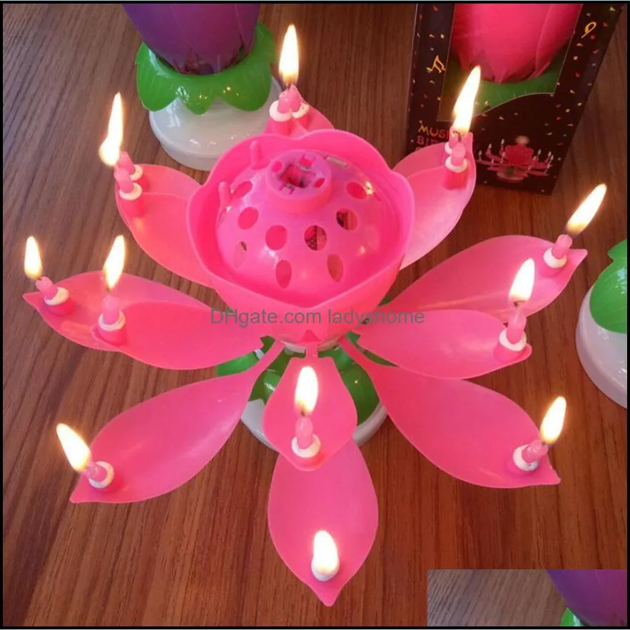 Blossom Rotating Musical Candle Lotus Flower Candle Happy Birthday Art Candle Lights For DIY Cake Decoration Kids Gift Wedding Party