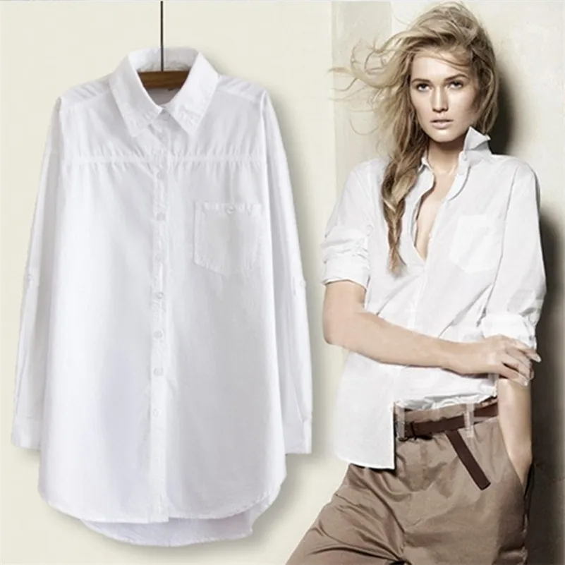 Y2K Женская длинная блузка женщины белая рубашка офисные дамы 100% хлопковые рубашки повседневная хлопчатобумажная блузка мода Blusas Femininas Tops 210225