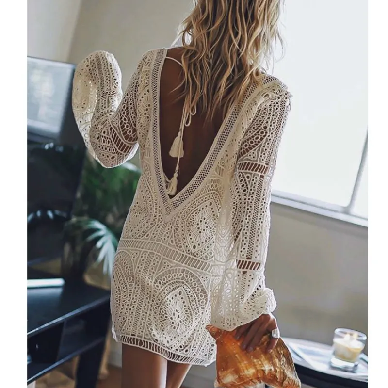 Abiti casual Ayualin Sexy Backless Beach Swim Coverup Abiti estivi Abito in pizzo bianco Donna Tunica Robe Abiti vintage con scollo a V Taglie forti