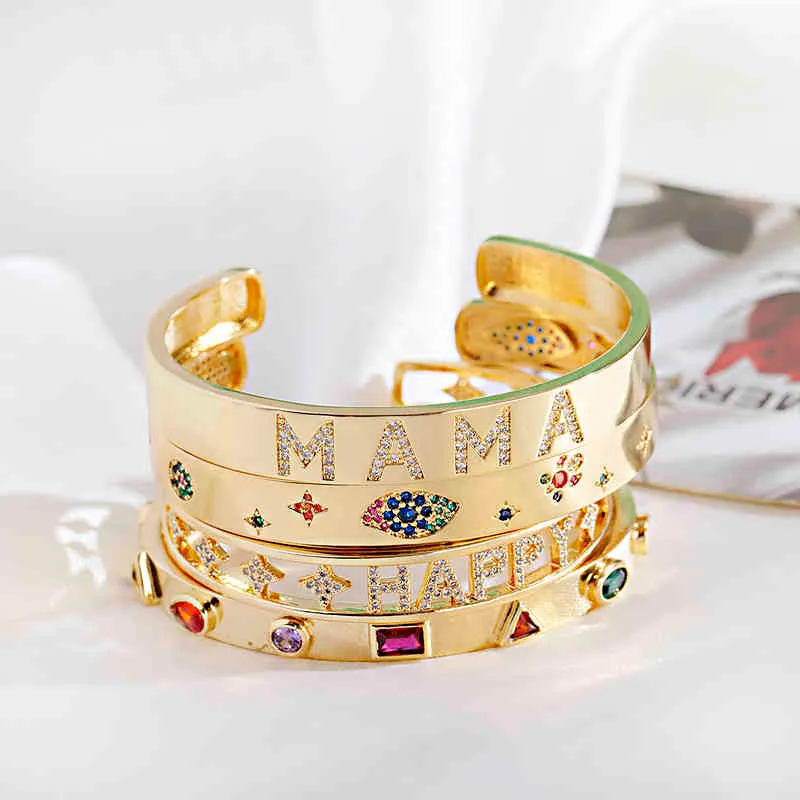 Luxo Zircão Cristal Oco de Ouro Liga Bracelete Pulseira para Mulheres Classic Star Mal Eye Braceletes Rhinestone Dia das Mães Presente