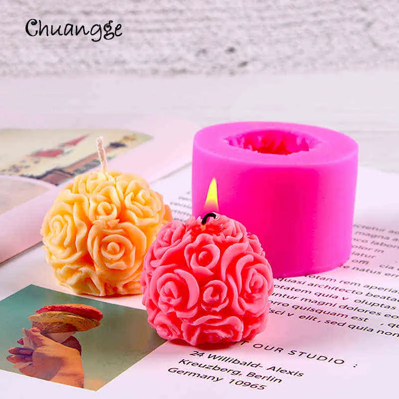 CHUANGGE Candele fatte a mano Stampo in silicone fai-da-te 3D Rose Ball Aromaterapia Cera Stampo in gesso Forma Candele Fare forniture Y211229