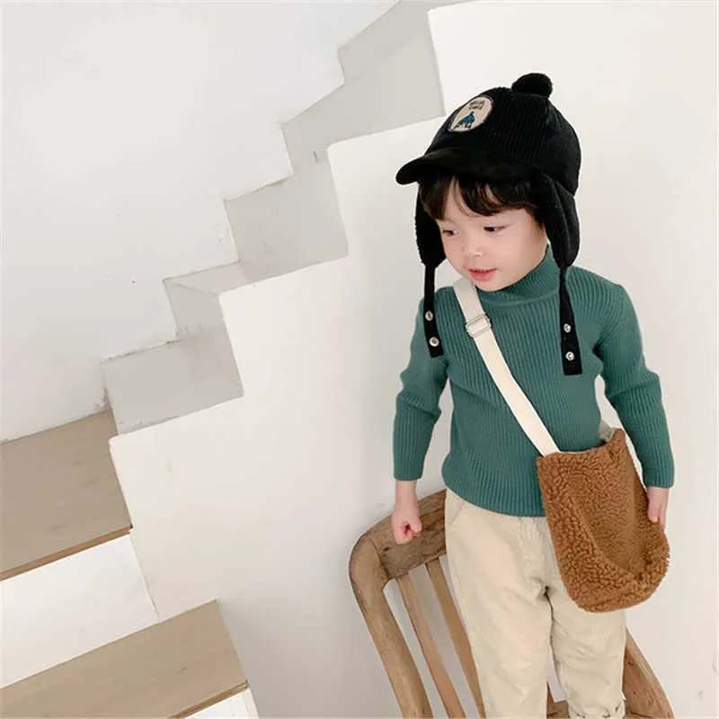 Korean style baby boys Half high collar sweaters autumn winter kids solid color thick knitted pullover warm clothes 210615